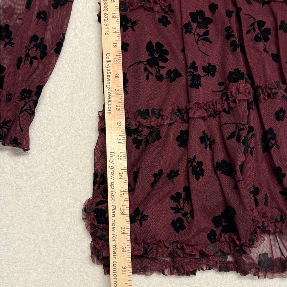 NWT Women Juniors Burgundy Floral Chiffon Dress Romantic Dreamy Sheer Size 7/8 - Picture 12 of 14